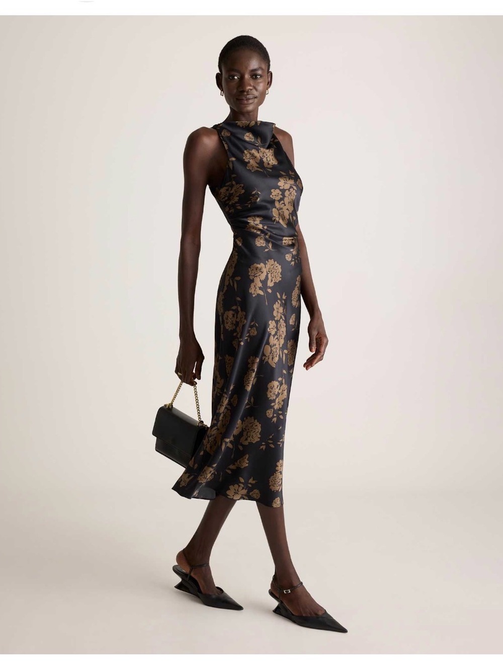 Quince Black Midi Silk Dress with Gold Floral Print
